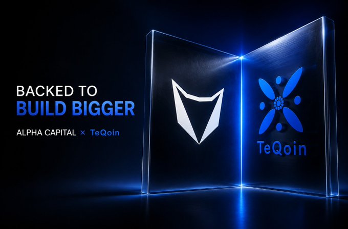 A promotional banner reading 'BACKED TO BUILD BIGGER' announces a partnership between 'ALPHA CAPITAL' and 'TeQoin', displayed alongside glowing logos on a glass-like background.
