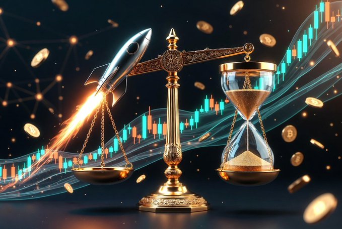 A digital graphic showing a rocket, golden scales of justice, an hourglass, and candlestick charts surrounded by floating coins and a Bitcoin symbol.