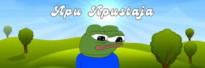 A cartoon green Pepe frog character in a blue shirt stands in a grassy landscape under the text "Apu Apustaja." The image accompanies a post announcing that 50% of tokens have been distributed to the top 10,000 PUMP holders, with the Solana contract address "hVcXUouyk4LQ8RdLFWqbKm3yWC6aaNwiTYPj4JbwVuw" displayed for reference.