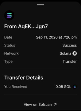 A dark-themed mobile app screenshot showing transaction details, indicating a successful transfer of 0.05 SOL received on the Solana network on Sep 11, 2026 at 7:26 pm from sender 'AqEK...Jgn7'.