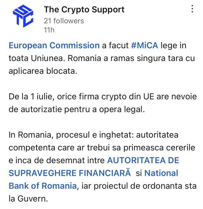 A LinkedIn post by 'The Crypto Support' (21 followers) in Romanian discussing the European Commission's MiCA law, noting Romania is the only EU country where implementation is blocked, with the process stalled between the Financial Supervisory Authority and the National Bank of Romania.