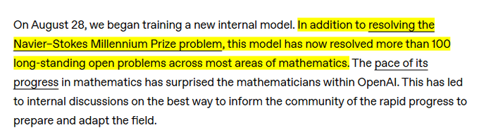 A text excerpt stating: 'On August 28, we began training a new internal model. In addition to resolving the Navier–Stokes Millennium Prize problem, this model has now resolved more than 100 long-standing open problems across most areas of mathematics. The pace of its progress in mathematics has surprised the mathematicians within OpenAI.'