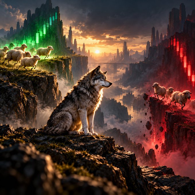A fantasy digital artwork depicts a wolf sitting on a rocky cliff overlooking a misty valley with sheep on adjacent cliffs, featuring green and red digital light effects resembling stock market charts.