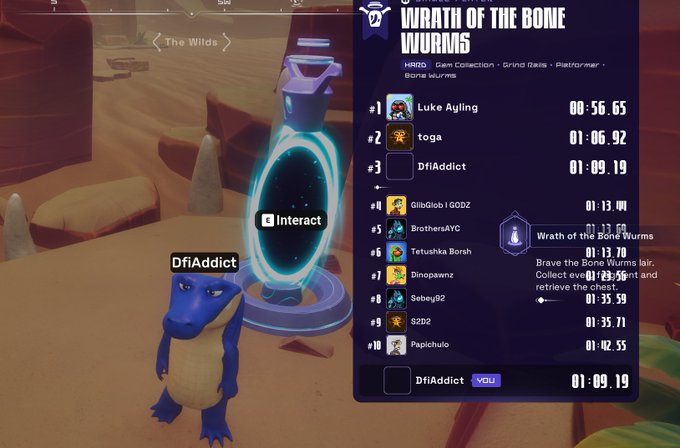 A video game screenshot titled 'Wrath of the Bone Wurms' showing a blue dragon character named 'DfiAddict' near a portal, with a leaderboard displaying various players and times.