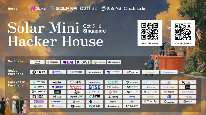 A promotional banner for the 'Solar Mini Hacker House' event on Oct 5-6 in Singapore, hosted by Solar, Solana, 021Lab, SafePal, and Quicknode, featuring logos of numerous co-hosts, media partners, and ecosystem partners.