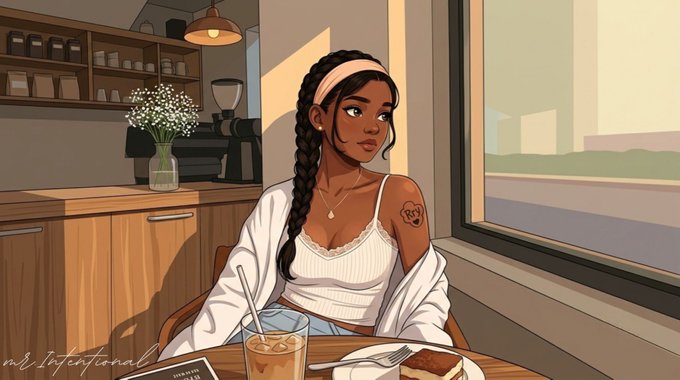 An animated illustration of a woman with long braided hair wearing a headband and white top with a cardigan, sitting at a café table with an iced drink, with a tattoo visible on her shoulder.