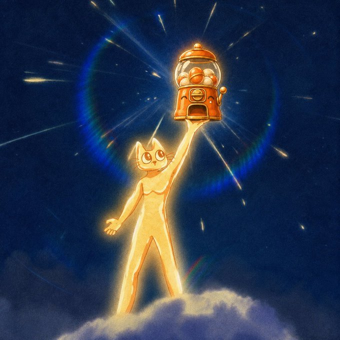 An illustration of an anthropomorphic cat figure standing on a cloud, holding up a glowing gumball machine into a dark, starry sky with colorful light rays.