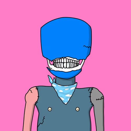 A stylized cartoon character with a blue cylindrical head, a wide toothy grin, and a stitched blue shirt stands against a solid pink background.