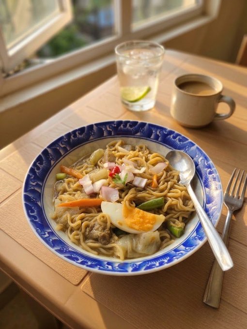 A blue and white patterned bowl filled with noodles, vegetables, meat, and a halved boiled egg sits on a wooden table by a window, accompanied by a glass of lime water and a cup of coffee.