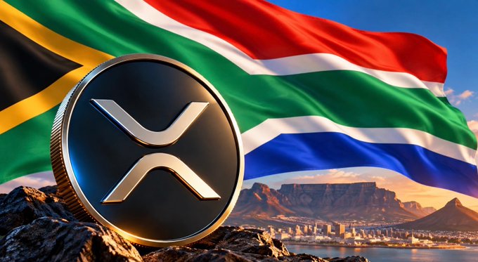 The image displays a large XRP coin emblem prominently positioned in front of a waving South African flag, with the cityscape of Cape Town and Table Mountain visible in the background at sunset. This visual reinforces the announcement that FNB has launched crypto trading for nearly 9 million South African customers, with XRP being one of the five available assets (BTC, ETH, XRP, SOL, USDT).
