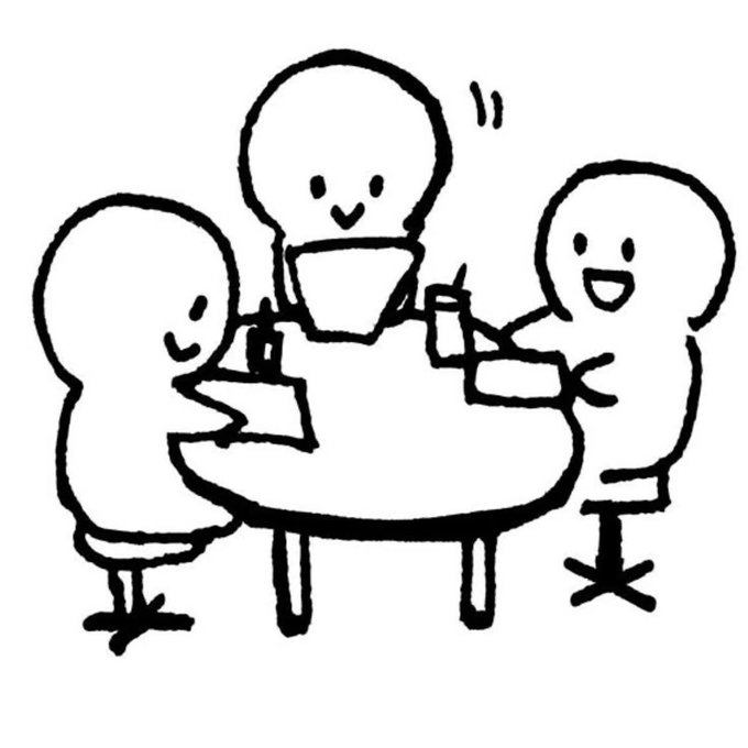 A simple black and white doodle of three smiling, faceless cartoon characters sitting around a table together with drinks.
