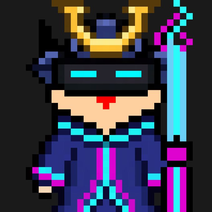 Pixel art character wearing a gold crown and VR headset, dressed in blue and purple robes with a glowing cyan staff.