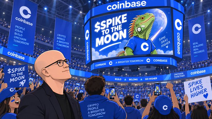 An illustrated Coinbase event scene with a bald man in the foreground watching a cheering crowd holding signs reading "$SPIKE TO THE MOON", "CRYPTO PEOPLE BUILD A BRIGHTER TOMORROW", and "SPIKE LIVES HIGHER", with a large iguana mascot on the jumbotron.