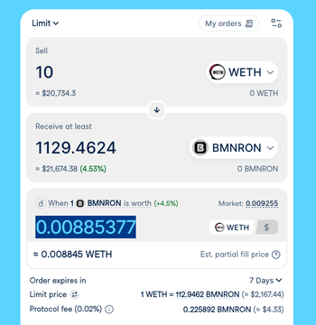 The image features a phone screen displaying a list of prices for Bitcoin (BTC) pairs, with one pair being 'BMNR'. The user has placed an order for this particular pair at a 10% discount, as indicated by the Order Expires in 7 days and the Limit Price is $BMNR. It's essential to pay attention to these details when considering transactions involving cryptocurrency due to the rapidly changing market conditions.
