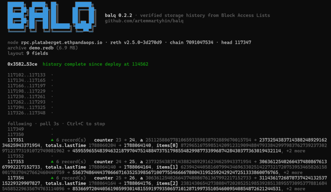 A terminal window running 'BALQ 0.2.2', a verified storage history tool for Block Access Lists, showing active polling of data blocks and record counters on the Reth client.