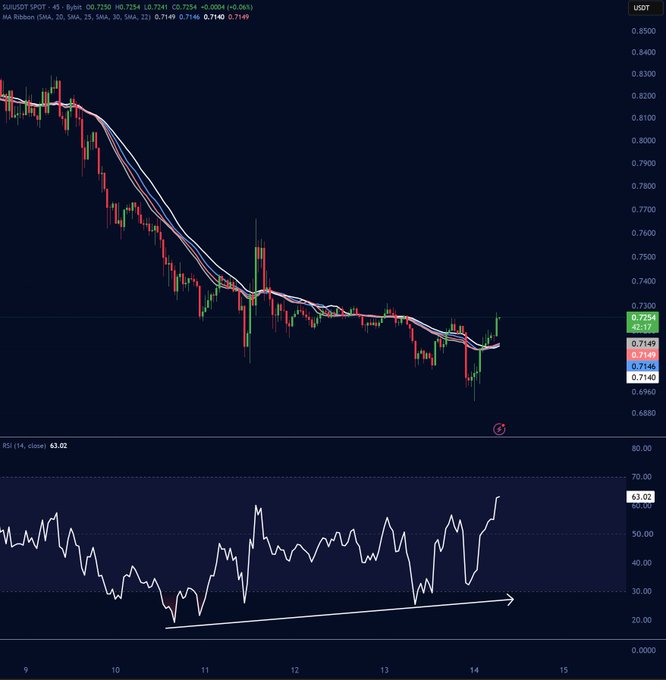 A TradingView chart of $SUI/USDT on the 45-minute timeframe shows the price bouncing off the $0.71 support level back above the moving average cluster, accompanied by an RSI breakout from an ascending trendline near 63.02—visually supporting the post's bullish momentum thesis toward the $0.80 resistance.