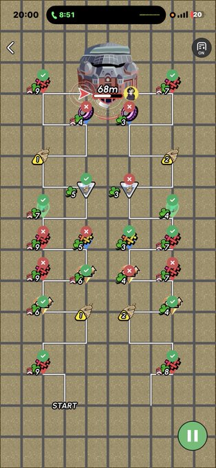 A mobile game screen showing a tower defense-style map with enemies, defenders, and a boss at 68m, with 'START' at the bottom.