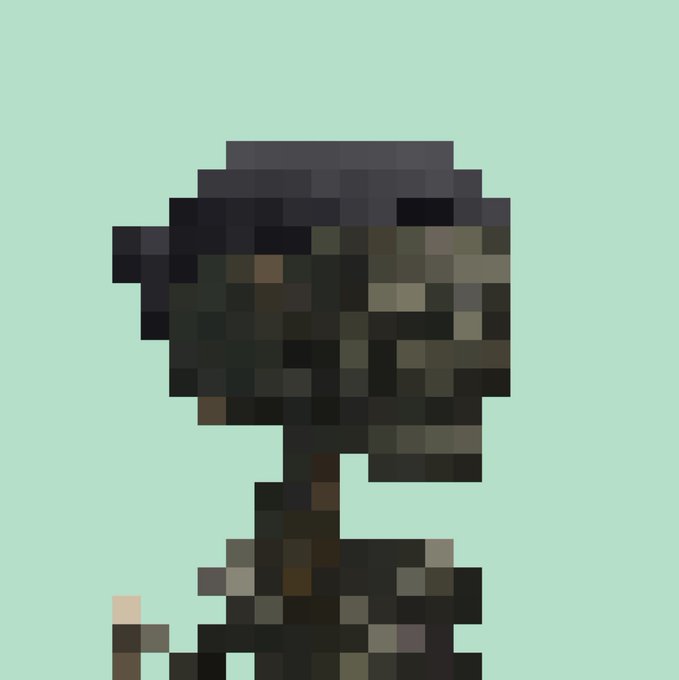 A low-resolution, heavily pixelated silhouette of a person's head and shoulders against a light mint green background, obscuring facial details.