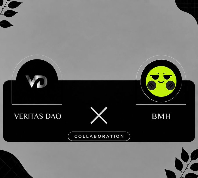 A collaboration graphic between VERITAS DAO (VD logo) and BMH, with the word 'COLLABORATION' between the two logos on a black background with decorative leaf accents.