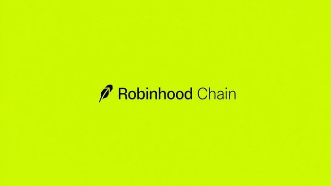 The image displays the Robinhood Chain logo centered on a bright green background, featuring a black feather icon next to the text "Robinhood Chain." It serves as a header or branding element for a post listing upcoming gaming and NFT projects launching on the Robinhood Chain network.