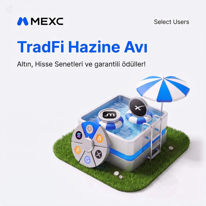 A promotional graphic for MEXC's "TradFi Hazine Avı" (TradFi Treasure Hunt) event features a 3D-rendered inflatable pool with a blue and white striped umbrella, floating cryptocurrency coins, and a prize wheel on grass, with text indicating rewards of gold, stocks, and guaranteed prizes for select users.