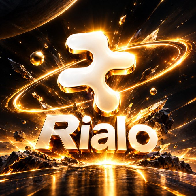 A glossy 3D logo featuring a plus-sign puzzle piece above the text 'Rialo,' surrounded by glowing gold accents and rocky terrain.