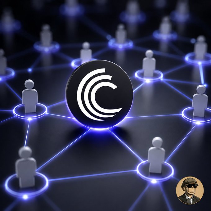 A digital graphic featuring the BitTorrent logo at the center, surrounded by interconnected white human figures linked by glowing blue lines, representing a decentralized network.