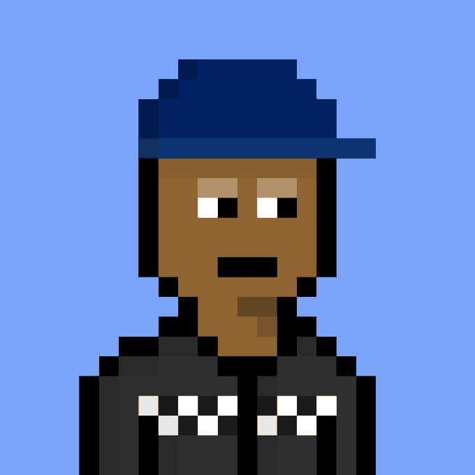 A pixel art character with brown skin, wearing a dark cap and jacket, appears against a light blue background.
