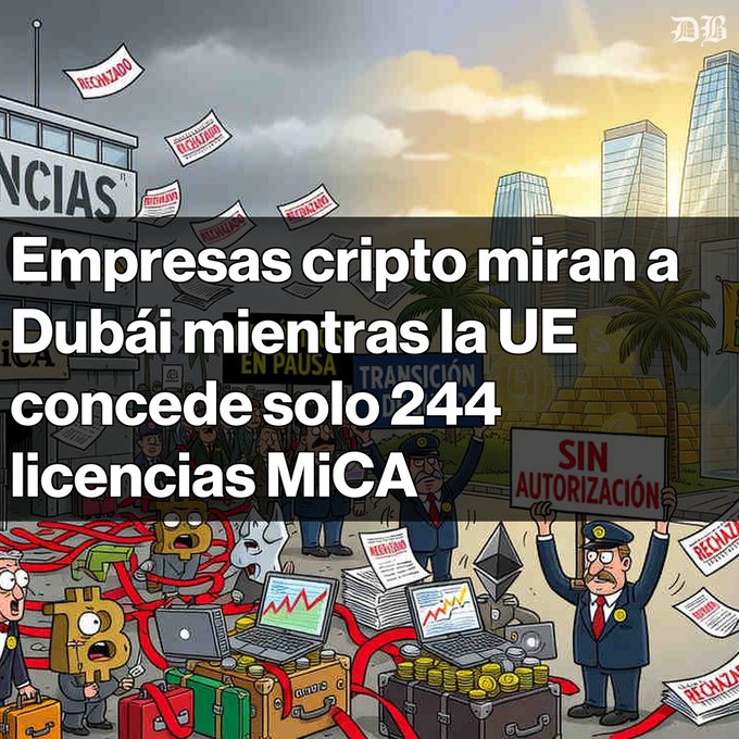 An illustrated graphic from DB titled 'Empresas cripto miran a Dubái mientras la UE concede solo 244 licencias MiCA,' showing rejected crypto documents and officials holding 'SIN AUTORIZACIÓN' signs amid Bitcoin and trading imagery.