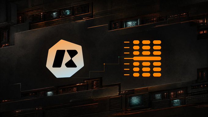 Two illuminated logos—a stylized "R" in a hexagon and an orange grid pattern—appear on a dark, high-tech wall of server racks, visually representing the institutional infrastructure connecting asset custody, market access, and settlement referenced in the post about Rocky and Hecto building on Canton.