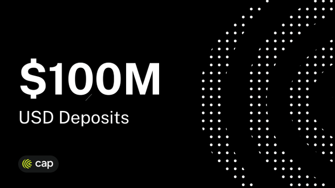 A minimalist black and white graphic announces '$100M USD Deposits' for 'cap', featuring a large pixelated '$' symbol made of dots.
