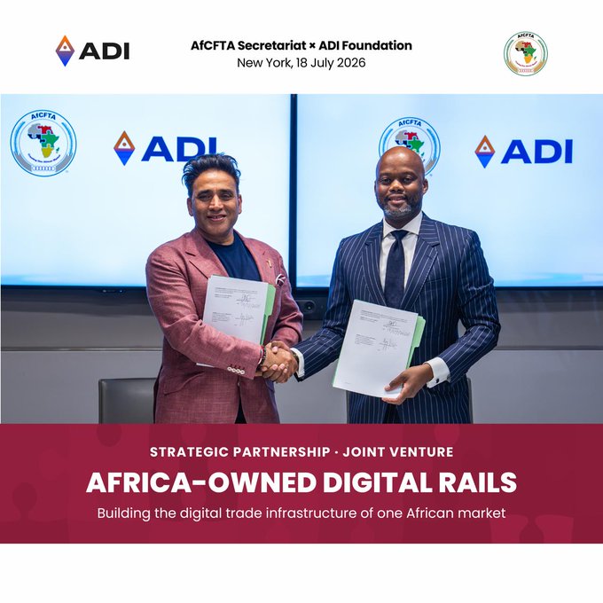 AfCFTA Secretariat and ADI Foundation partnership announcement dated New York, 18 July 2026, showing two men shaking hands while holding signed documents, promoting 'Africa-Owned Digital Rails' for digital trade infrastructure.