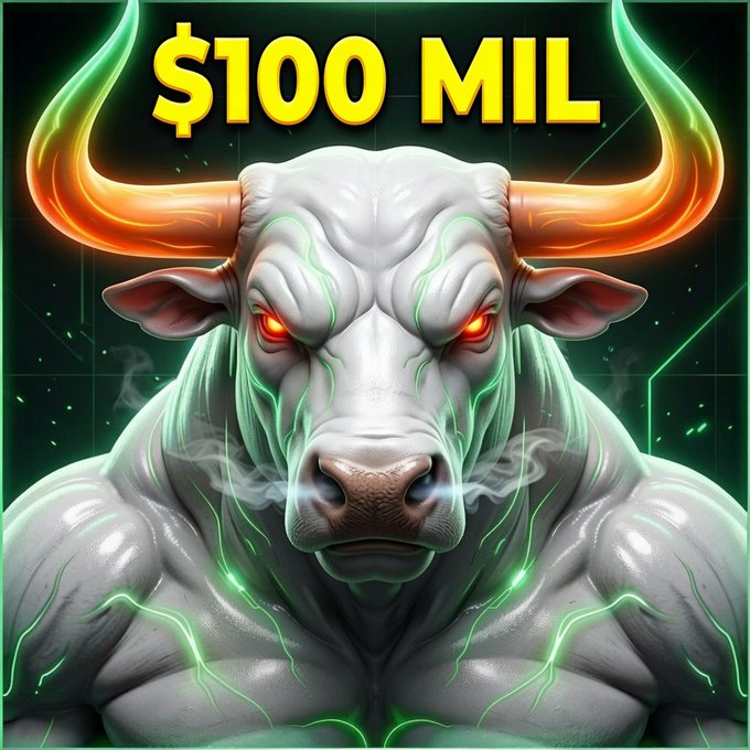 The image shows a fierce white bull with glowing red eyes, orange-tipped horns, and green neon energy coursing through its muscular body, with bold yellow text at the top reading "$100 MIL." This matches the post's aggressive call to action, where the "White Bull" symbolizes the bullish momentum behind the $LEVI token being driven toward a $100 million market cap.