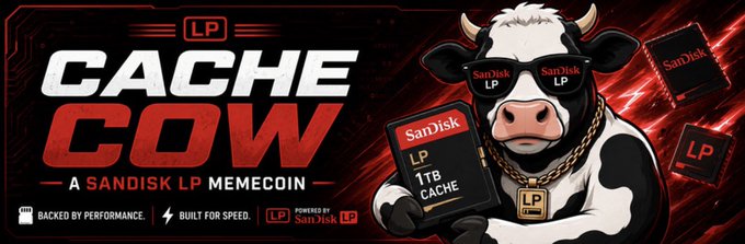 A bold promotional banner featuring a cartoon cow wearing "SanDisk LP" sunglasses and a gold "LP" chain, holding a SanDisk LP 1TB Cache storage device, with large "CACHE COW" text branding it as "A SanDisk LP Memecoin" alongside tickers "LP" and "SNDK." The image visually reinforces the post's narrative by personifying the $CACHE token as a "Cache Cow" mascot directly tied to tokenized SanDisk ($SNDK) on Robinhood Chain.
