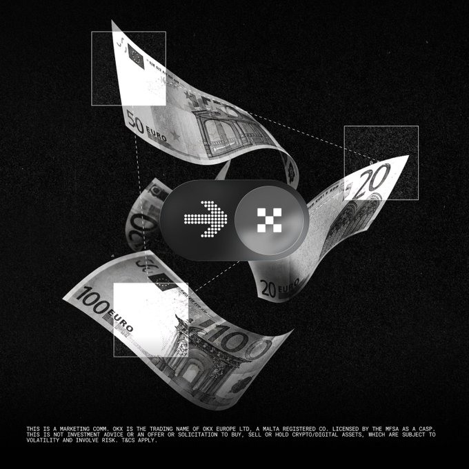 A black and white promotional image for OKX featuring Euro banknotes (20, 50, 100) swirling with the OKX logo in the center, with regulatory text at the bottom stating it is a marketing communication for OKX Europe Ltd, a Malta registered company.