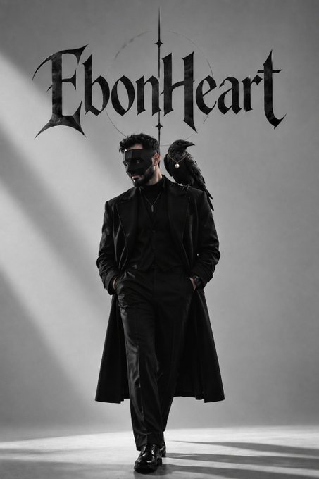 A fashion photograph featuring a man in an all-black suit and mask with a raven on his shoulder, posed beneath stylized "EbonHeart" text in a gothic font.