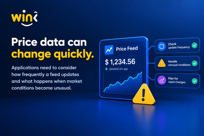 A blue promotional graphic titled 'Price data can change quickly.' featuring a 3D illustration of a 'Price Feed' card showing $1,234.56 and bullet points for checking update frequency, handling unusual conditions, and planning for rapid changes, branded with the 'Wink' logo.