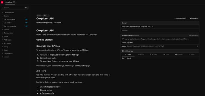 In this image, there's an online screen that is focused on Cardano. The screen displays a list of available apps within the Cardano ecosystem, including one named "Cexplorer API". This app allows users to get started with Cexplorer API, which can be used for various purposes such as developing new apps or managing existing apps. It also provides a way to generate API keys and other necessary information related to the API. The screen also includes instructions on how to access and utilize this API effectively in order to explore different app features and functionalities within Cardano.