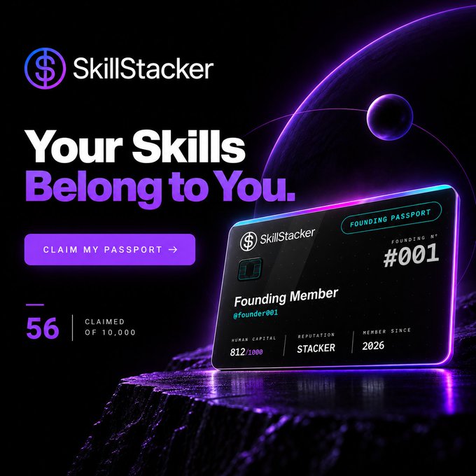 A promotional graphic for 'SkillStacker' features the text 'Your Skills Belong to You' and a 'CLAIM MY PASSPORT' button next to a 3D-rendered 'FOUNDING PASSPORT' card showing 'Founding Member @founder001' and 'FOUNDING N° #001'.