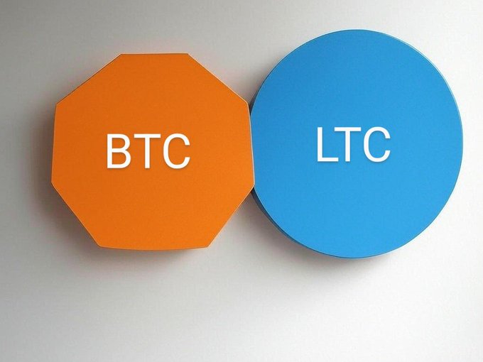 Two cryptocurrency tokens displayed side by side: an orange octagonal token labeled 'BTC' (Bitcoin) and a blue circular token labeled 'LTC' (Litecoin).
