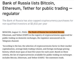 The image shows a Bloomberg news article titled "Bank of Russia lists Bitcoin, Ethereum, Tether for public trading — regulator," reporting that the Bank of Russia has recognized Bitcoin (BTC), Ethereum (ETH), and Tether (USDT) as cryptocurrencies approved for public trading on domestic exchanges, while notably excluding XRP from the approved list.