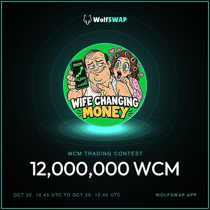 A WolfSWAP trading-contest poster displays a cartoon “WIFE CHANGING MONEY” graphic and the text “WCM TRADING CONTEST 12,000,000 WCM,” dated “OCT 22, 12:45 UTC TO OCT 29, 12:45 UTC,” with “WOLFSWAP.APP” at the bottom.