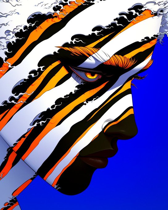 A stylized digital illustration of a face in profile with striking yellow eyes, overlaid with diagonal orange, black, and white tiger-like stripes against a solid blue background.