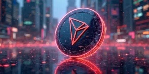 A stylized 3D render of a glowing red TRON (TRX) cryptocurrency coin floating above a reflective surface with a neon-lit cyberpunk cityscape in the background.