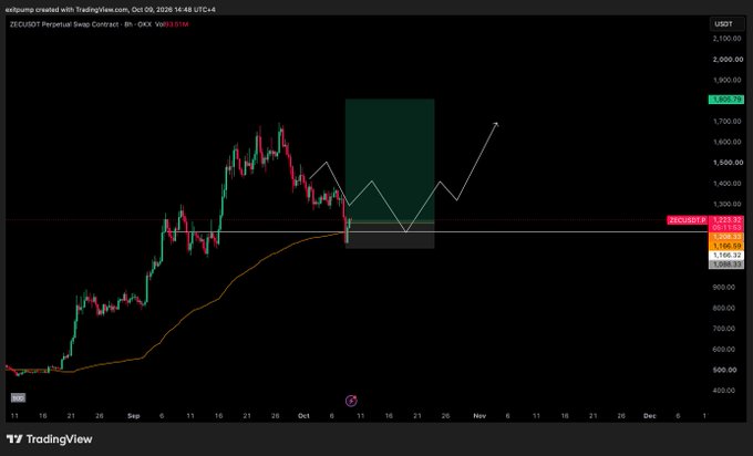 The image shows a TradingView chart of ZEC/USDT perpetual swap (8h timeframe) on OKX, currently trading at $1,243.56, with a hand-drawn forecast projecting a dip into the highlighted demand zone around $1,150–$1,200 before a potential rally toward $1,700+. This aligns with the poster's bullish stance, as the long position is placed in anticipation of the anticipated rebound from the marked support area.