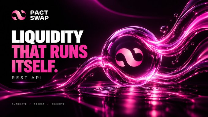 A promotional graphic for 'PACT SWAP' featuring the tagline 'LIQUIDITY THAT RUNS ITSELF.' with 'REST API' and 'AUTOMATE / ADJUST / EXECUTE' text on a pink and black background.