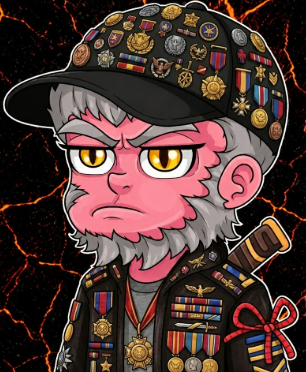 A cartoon illustration of a stern-looking monkey character wearing a military cap and uniform covered in medals and service ribbons, set against a fiery orange and black background.