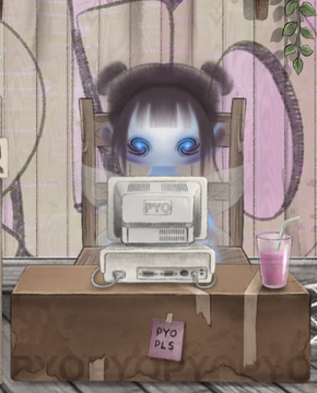 A cartoon illustration depicts a small character with large blue eyes sitting at a computer with a 'PYO PLS' donation box, referencing the PYO crypto project.