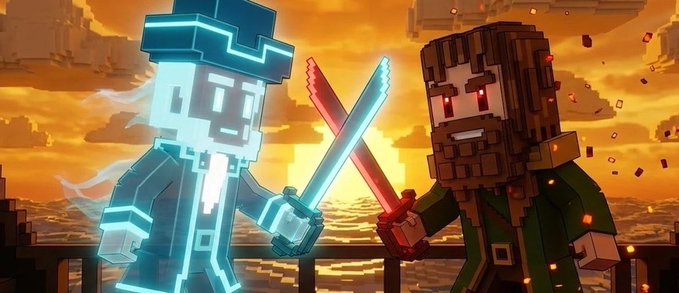 Minecraft-style pixel art illustration depicting two blocky characters dueling with glowing swords against a vibrant orange sunset backdrop.
