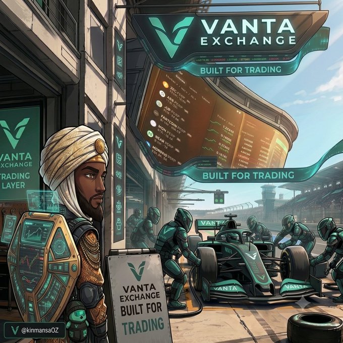 A digital artwork of 'VANTA EXCHANGE' with the tagline 'BUILT FOR TRADING,' depicting a man in a turban with tech armor beside a futuristic racing car being serviced by robotic figures, credited to '@kinmansaOZ'.